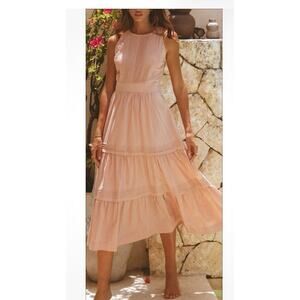 Pampelone Perle Midi Dress Beige Peachy Cotton Tiered Resort Beach Size Medium